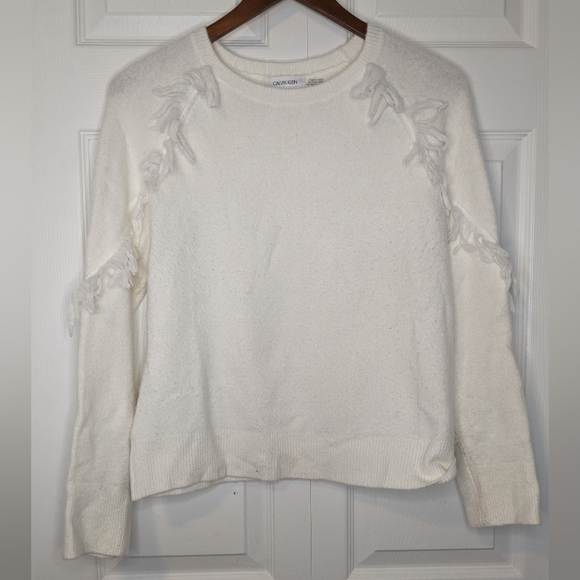 Calvin Klein Plush Fringed Sweater - Cream - Size M - Picture 1 of 3